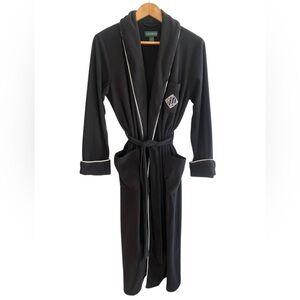 LAUREN RALPH LAUREN Fleece Robe Sz S Long Monogram Belted Black Cozy Lounge